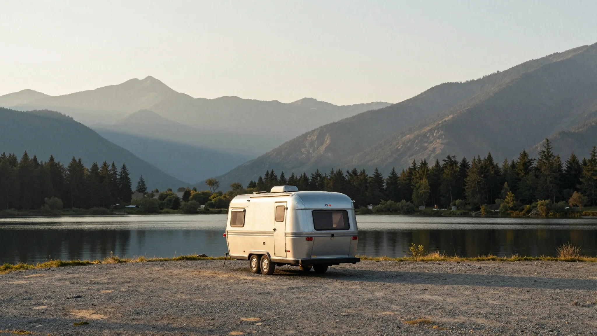 A small travel trailer parked alone beside an alpine lake at
golden hour — an illustration, not a real campground.